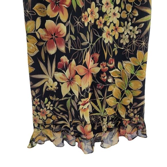 Vtg Skirt Botanical Tropical Floral High Low Ruffle Hem Trumpet Midi Black Sz L - Picture 4 of 9